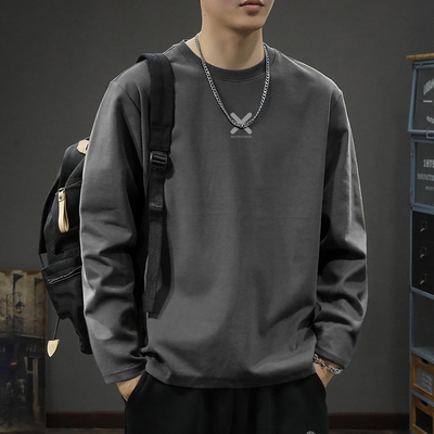 美式纯棉长袖t恤男士秋冬季宽松大码卫衣白色内搭上衣男生打底衫