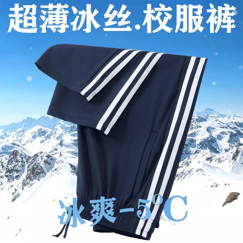 校服裤子夏薄款藏青色二条杠冰丝夏季校裤小学生初中高中生校服裤