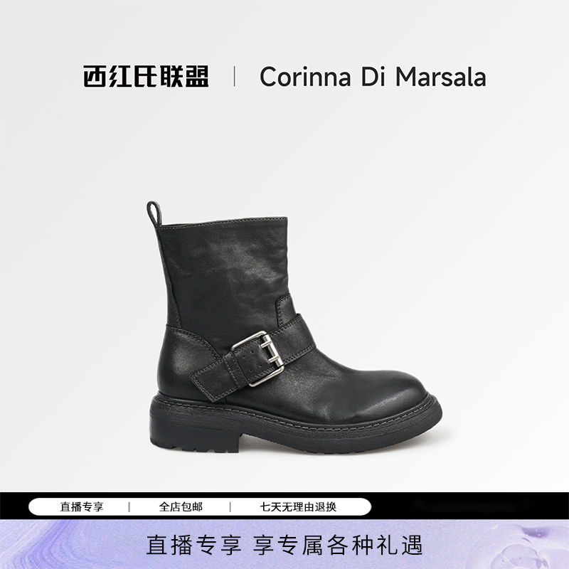 真皮中筒靴黑色复古机车靴