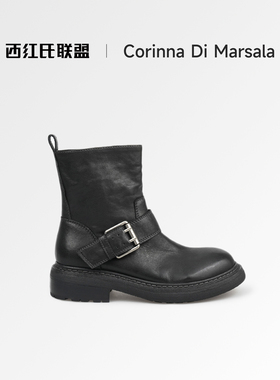 Corinna di Marsala皮带扣机车靴女2025新款真皮中筒靴黑色复古