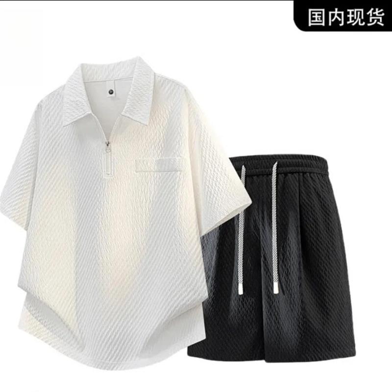 夏季新款男士高端宽松透气大码短袖休闲套装