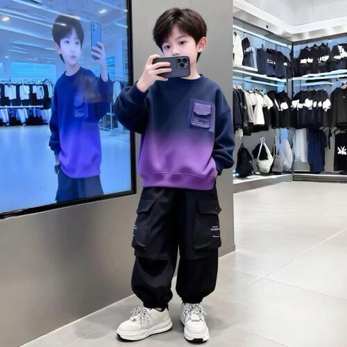 2DG原创设计童品男童春秋款202款渐变色洋气圆领卫衣工装裤两件套