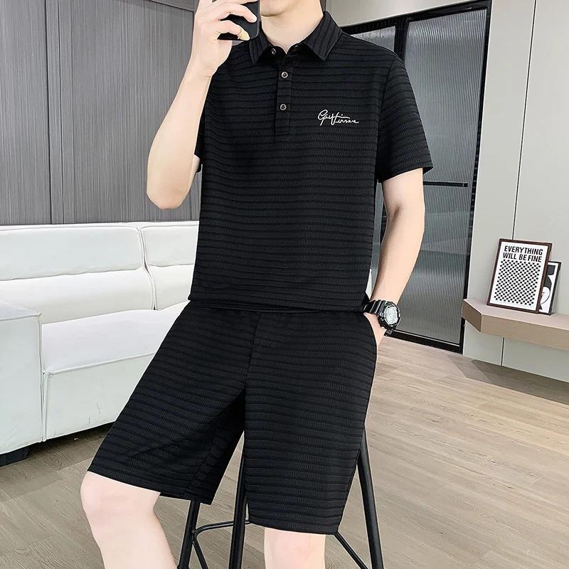 九黎世集服饰3夏装新款翻领套装时尚潮流百搭休闲韩版帅气男两件