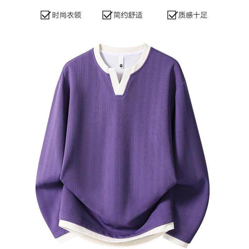 2云洛轻奢服饰小V领假两件卫衣男士秋季新款大码宽松肌理感长袖休