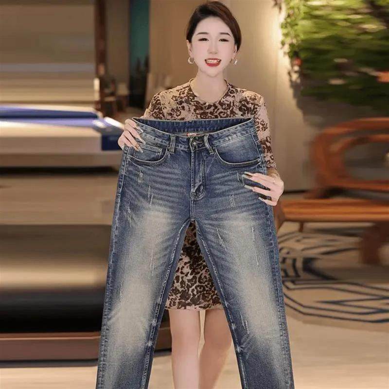 男范轻奢欧美牛仔裤秋冬厚款猫须水洗蓝色男士修身小直筒显瘦长裤