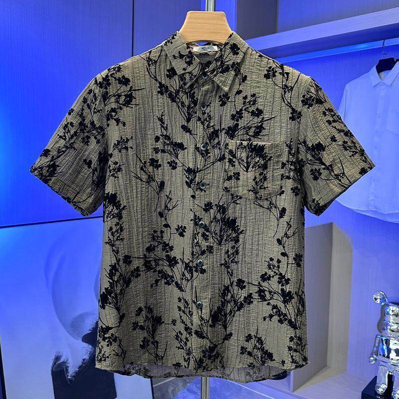 泽衿服饰轻奢专柜提花短袖衬衫男士夏时尚百搭文艺休闲风宽松上衣