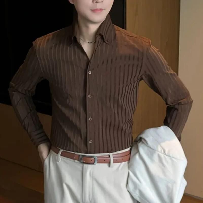 路西威男装秋冬雪尼尔条纹肌理感衬衫老钱风翻领领抗皱长袖衬衫