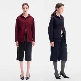 WUVTOM无同羊毛混纺廓形连帽卫衣修身 外套 双头拉链弹性开衫 帽衫
