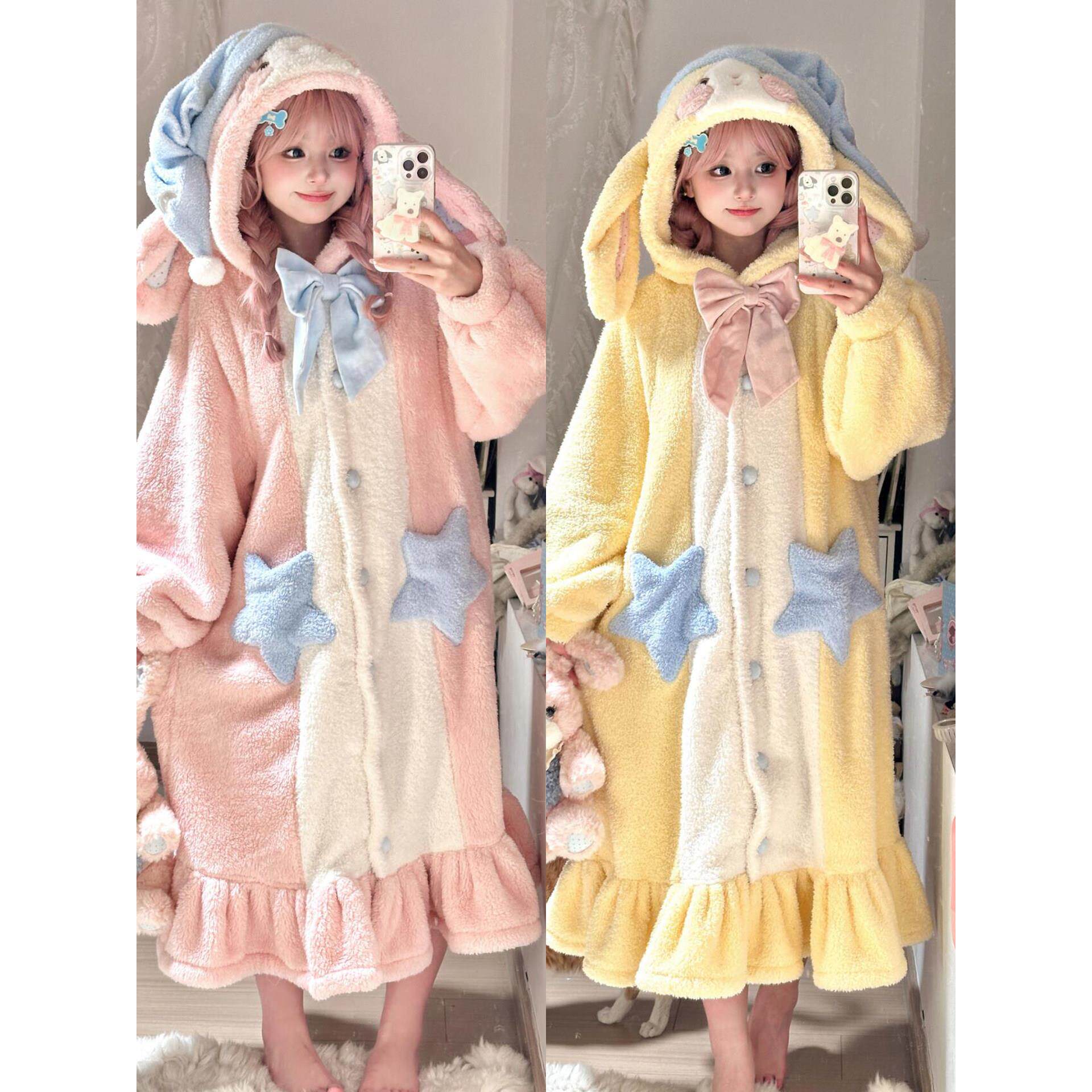 女童珊瑚绒睡衣2025新款冬季加厚momo兔子可爱毛绒睡袍家居服套装