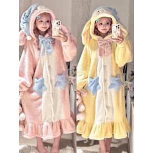 女童珊瑚绒睡衣2025新款冬季加厚momo兔子可爱毛绒睡袍家居服套装