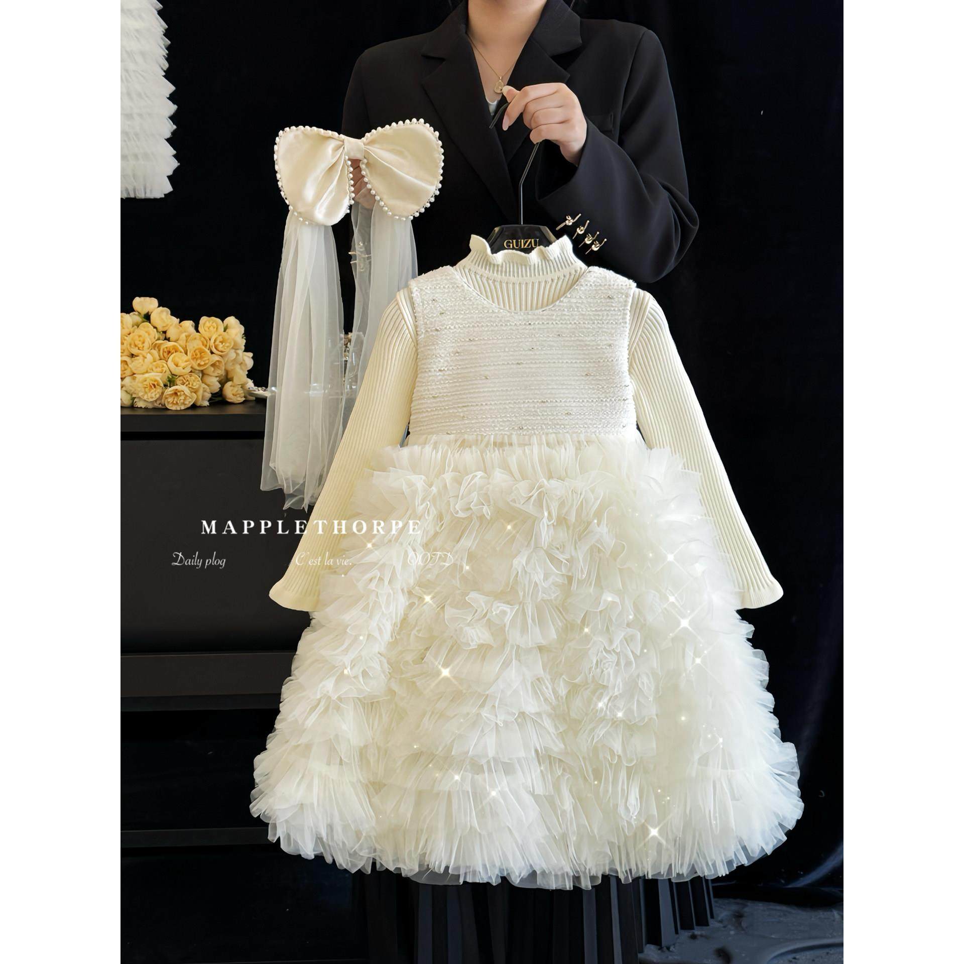 女童绝美连衣裙秋冬款儿童富家千金感公主裙洋气白色小香风礼服裙