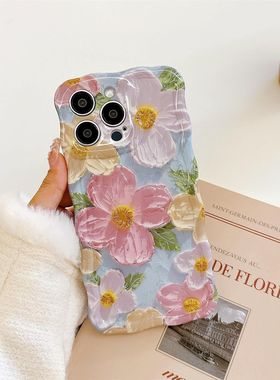 适用苹果iPhone15油画14pro花朵1312pro手机壳11promax简约87plus晕染创意软硬壳防摔XS Max保护套