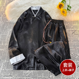 风B盘扣龙纹暗花冰丝衬衫夹克萝卜裤套装男TZ155-P120控148图片