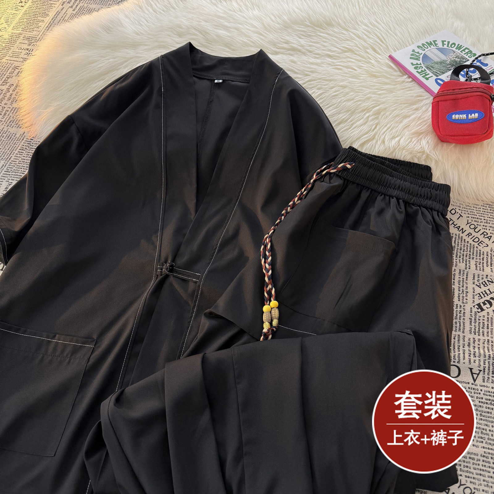 风C冰丝盘扣明线开衫外套折褶阔腿裤男套装男TZ161-P130控158,男装休闲套装,电商A005A