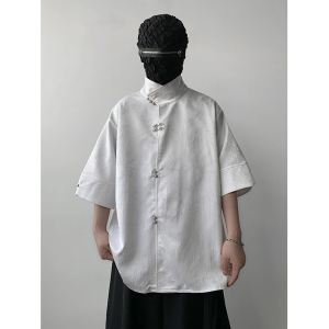 新中式风L缎面提花暗纹立领小众冰丝金属扣衬衫男CS32-P78控98，男装衬衫，电商A005A