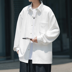 港风B克莱因蓝宽松压花麻花夹克衬衫外套A005A-JN8660P60控88图片