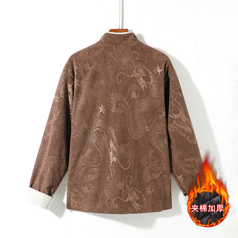 新中式B斜襟龙纹灯芯绒中山装夹棉加厚外套棉衣JK1020-P135控158,男装棉衣,电商A005A