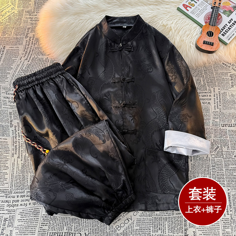 风A盘扣暗花龙纹冰丝衬衫萝卜裤套装男TZ159-P120控148,男装衬衫,电商A005A
