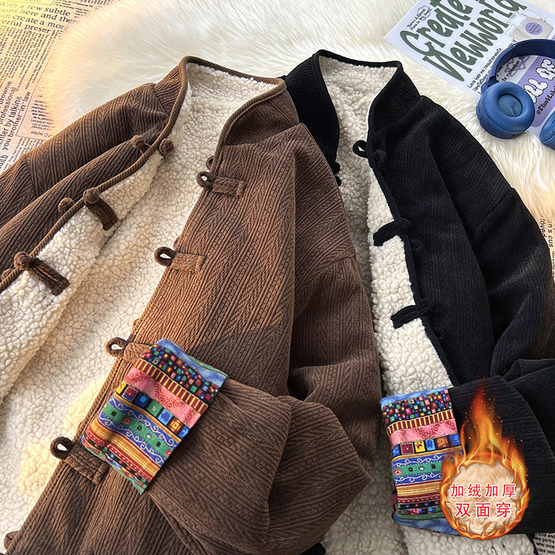 新中式H麦穗羊羔毛加绒加厚双面穿棉服夹克棉衣男JK21-P135控158图片