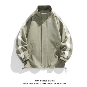 美式高街A复古麂皮绒两条杠痞帅撞色棒球服夹克运动外套86011-P98图片