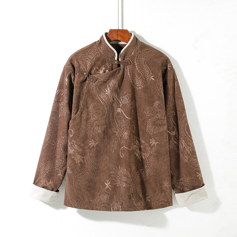 新中式B斜襟盘扣龙纹灯芯绒中山装立领夹克外套男JK20-P105控138图片