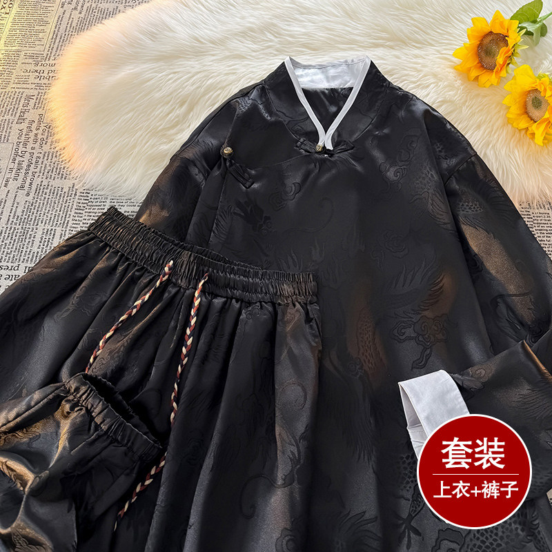 风B盘扣龙纹暗花冰丝衬衫夹克萝卜裤套装男TZ155-P120控148,男装夹克,电商A005A