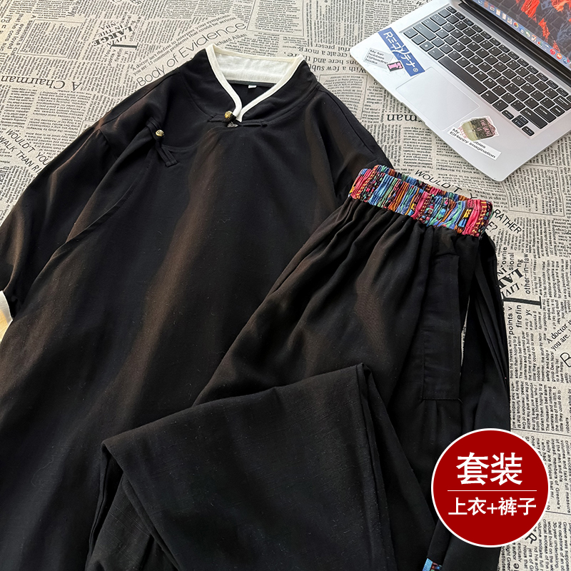 斜襟盘扣E亚麻中袖衬衫民族风演出阔腿裤套装男TZ168-P163控198，男装衬衫，电商A005A