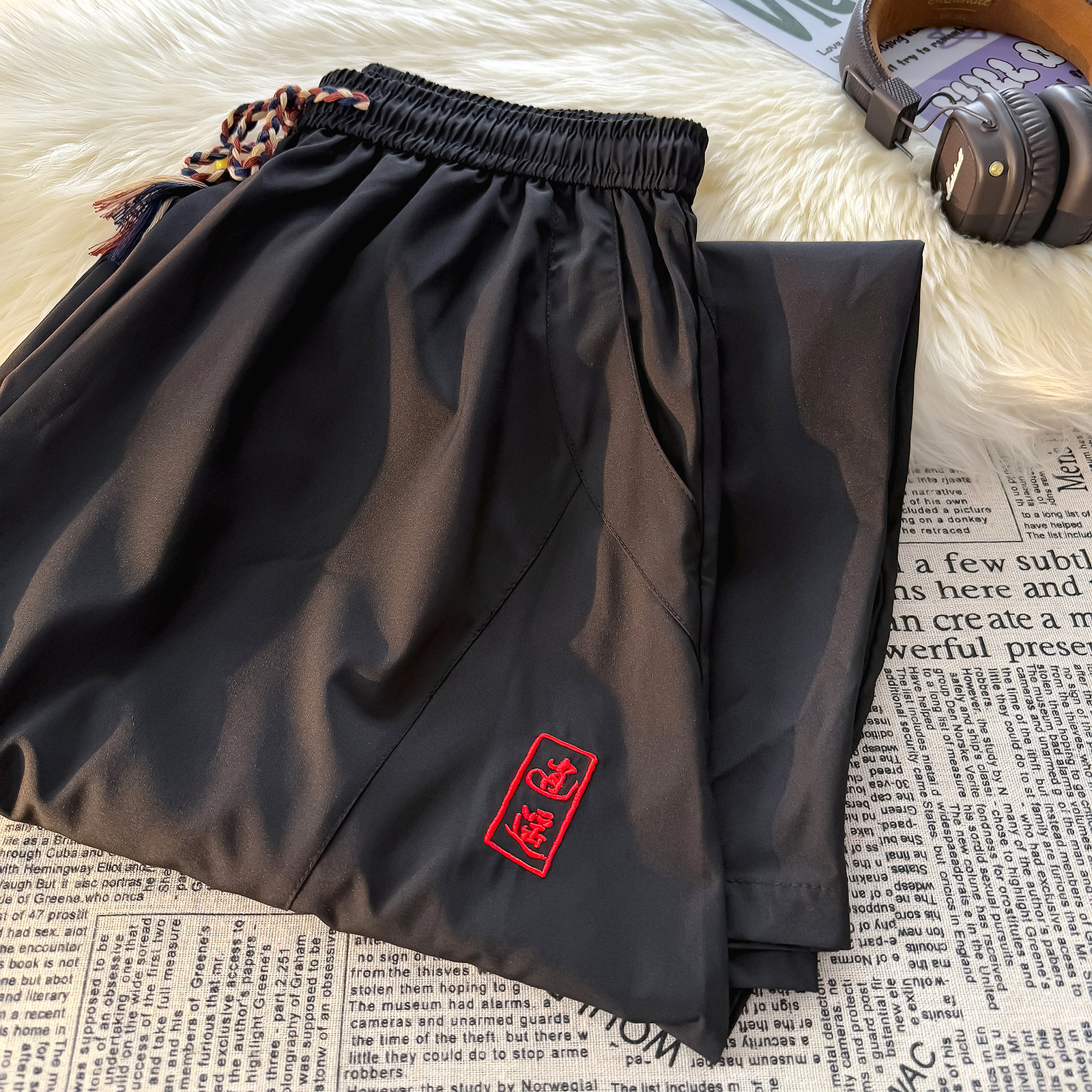 风L暗黑刺绣冰丝大桶裤宽松高级感萝卜裤阔腿裤K252-P65控88,男装休闲裤,电商A005A