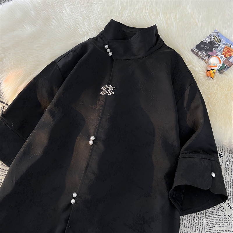新中式风A缎面提花暗纹立领小众冰丝金属扣衬衫男CS32-P78控98,商品下架区,电商A005A