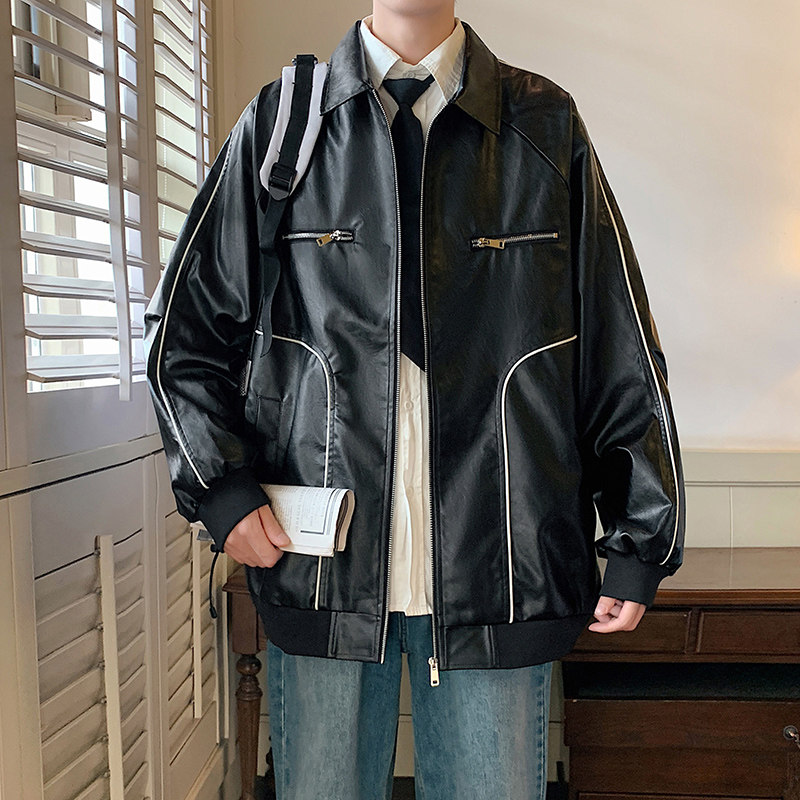 港风A翻领拉链工装多口袋皮衣男86072-P100,男装夹克,电商A005A