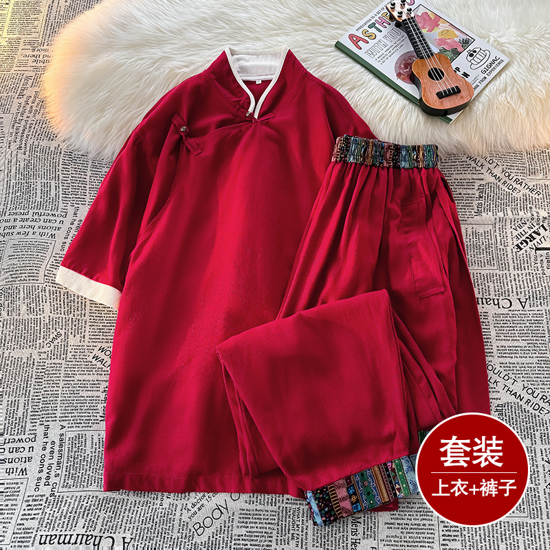 斜襟盘扣A亚麻中袖衬衫民族风演出阔腿裤套装男TZ168-P163控198，男装衬衫，电商A005A