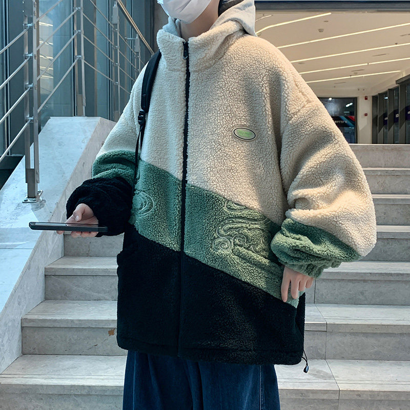港风直播D羊羔绒棉衣外套撞色立领羊羔毛棉袄A005A-J8057P80控108,男装夹克,电商A005A