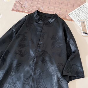 新中式D风小高领拉链领提花小众设计龙纹冰丝t恤T62-P70控98图片