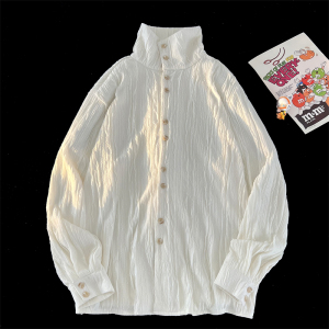 新中式E高领打底衫复古肌理感褶皱翻领衬衫立领长袖CS21-P68控88，男装衬衫，电商A005A