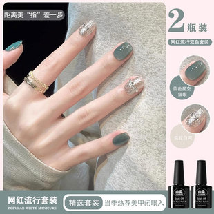 秋冬蓝色猫眼指甲油胶2024年新款 显白绿色爆闪亮片胶双色美甲套装