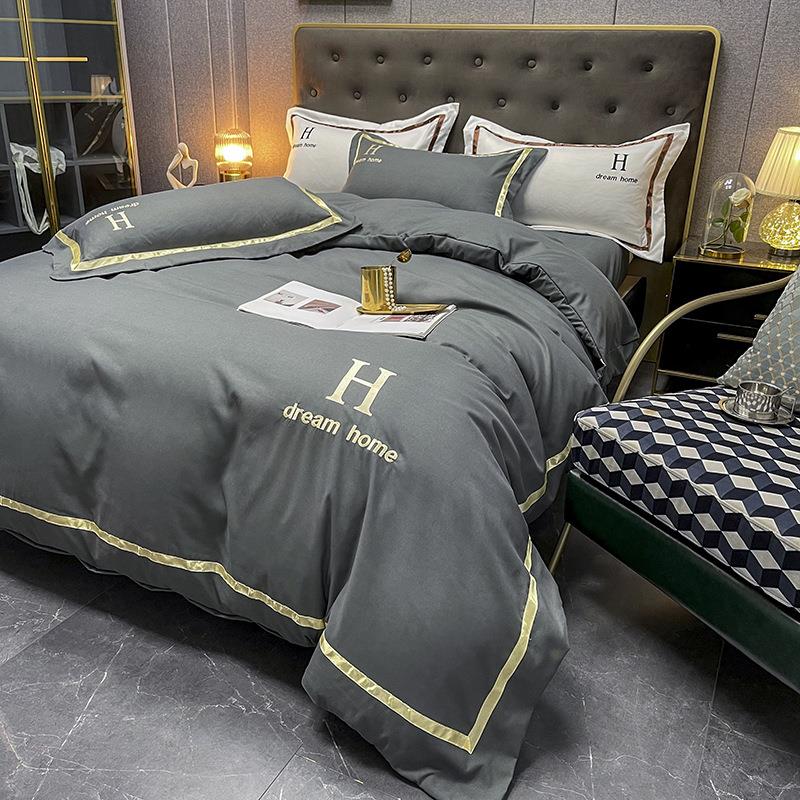 轻奢水洗棉刺绣床上四件套夏季磨毛床单床笠被套罩单件单人三件套