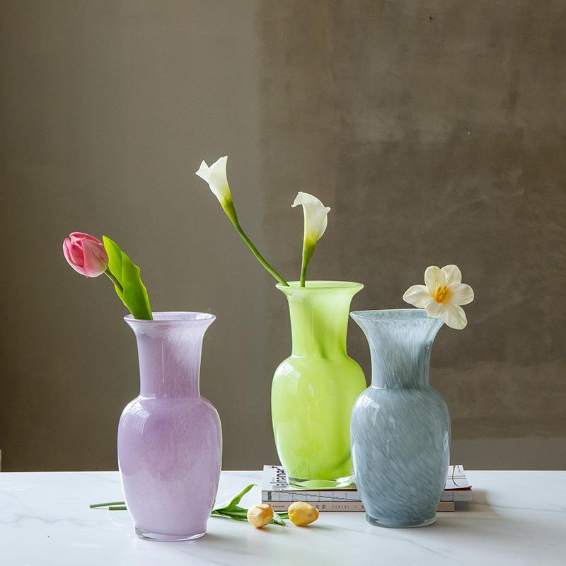 现代简约彩色瓷粉敞口梅瓶中古风创意玻璃花瓶客厅电视柜玄关装饰