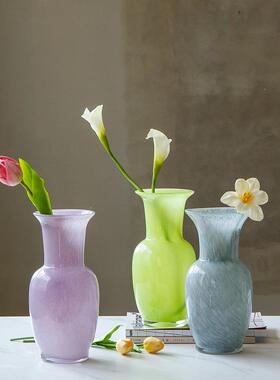 现代简约彩色瓷粉敞口梅瓶中古风创意玻璃花瓶客厅电视柜玄关装饰