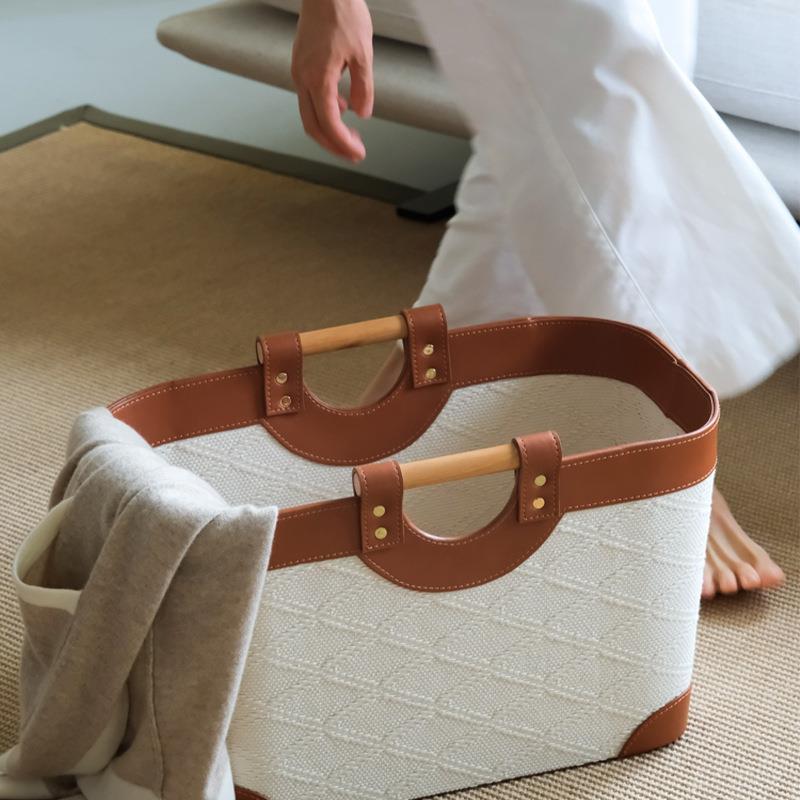 高级白珍珠浮雕皮革实木把手收纳篮高颜值脏衣收纳筐家用浴室置物