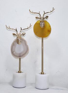 鹿头创意大理石摆件玄关桌面装饰品茶几玛瑙石酒柜电视柜摆放铁艺