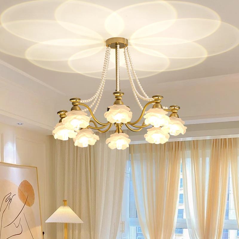 玫瑰花吊灯 客厅餐厅美式轻奢枝形花朵全铜吊灯法式复古卧室灯具