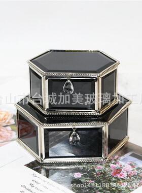 欧式六边形玻璃首饰盒摆件创意软装陈设黑色珠宝盒礼品展示盒