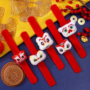 饰龙年绒布可爱醒狮春节手环 新年饰品节日红色喜庆啪啪圈福字装