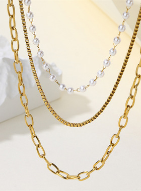 点易饰品小香项链不锈钢三层珍珠叠戴锁骨链镀18K金2024秋