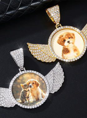 欧美热销嘻哈天使翅膀圆牌相框项链 可换相片吊坠项链 跨境