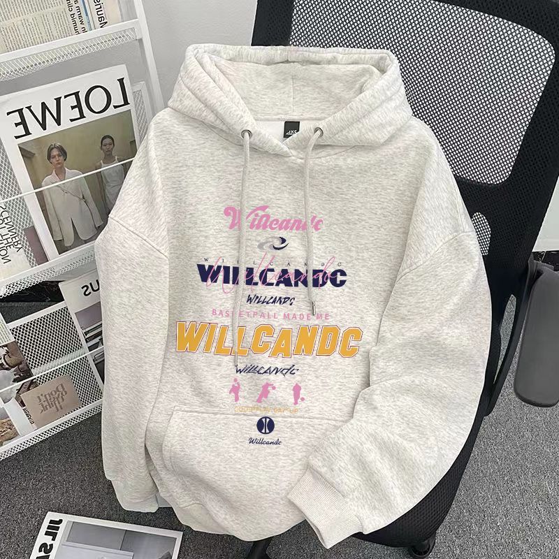 花灰色美式复古高街情侣连帽卫衣男女秋冬慵懒风印花加绒加厚帽衫