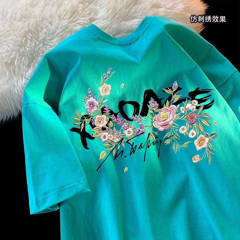 仿刺绣花卉印花纯棉短袖T恤复古百搭学院夏季美式超火湖绿色上衣
