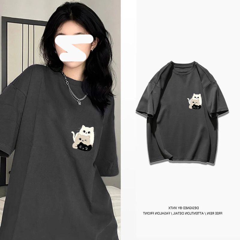 深灰色纯棉复古ins短袖T恤男女夏季日系卡通设计印花宽松情侣上衣