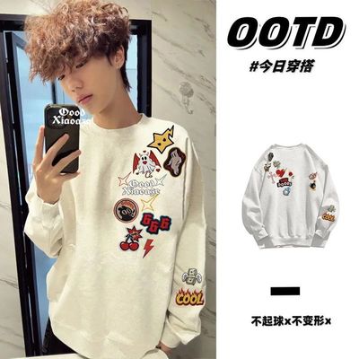 花灰色美式秋冬圆领卫衣男女高街潮牌痞帅情侣款纯棉加绒加厚上衣