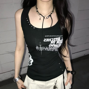 铆钉针织打底新款 暗黑系字母印花无袖 美式 修身 上衣 背心女2025夏季